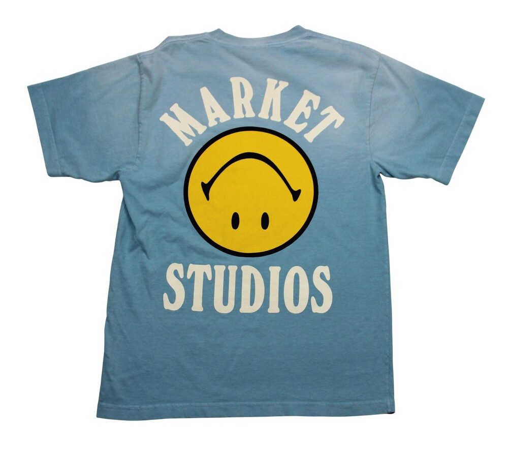 Market Studios Smiley Upside Down Lockup Graphic T Shirt Mens Small Blue NWT